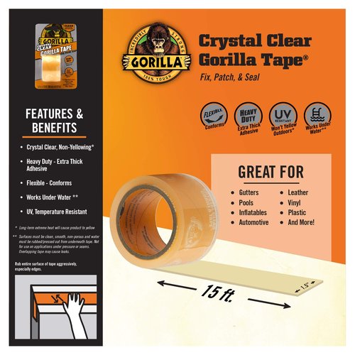 Gorilla Crystal Clear Repair Duct Tape, 1.88" x 5 yd, Clear, (Pack of 5)