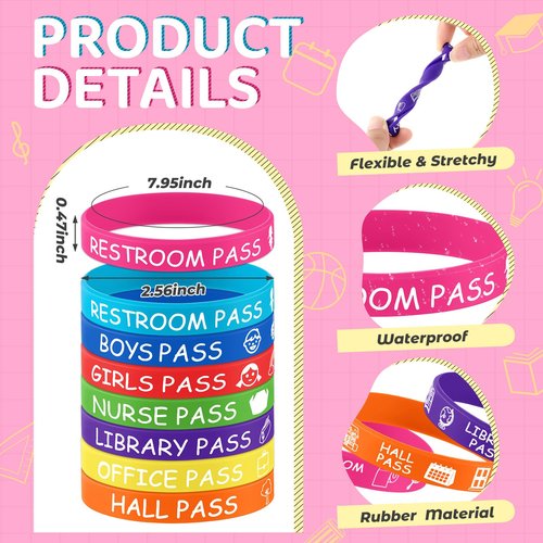 Misdary 24 Pcs Hall Pass Rubber Bracelets School Passes Silicone Bracelet Set Supplies Teacher Supplies for Classroom Elementary Middle School Nurse Restroom Library Office