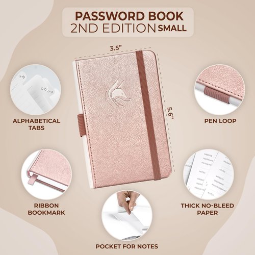 Clever Fox Password Book 2nd Edition Small – Pocket Password Keeper with Alphabetical Tabs – Internet Address Notebook & Login Details Organizer Journal – 3.5x5.6” (Rose Gold)