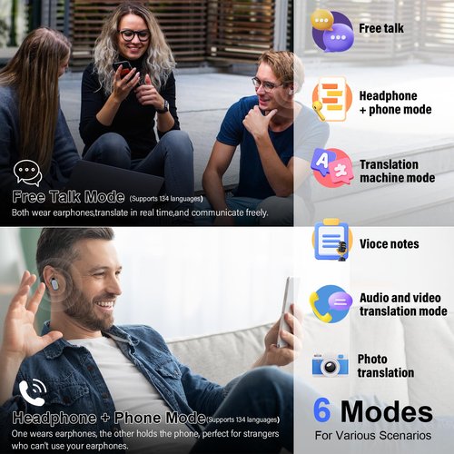 2025 AI Language Translator Earbuds Real Time, 164 Language/6 Translation Modes Translator Earbuds 3-in-1 Translation Headphones, Bluetooth 5.4 Translation Device for Travel Business Learning, Black