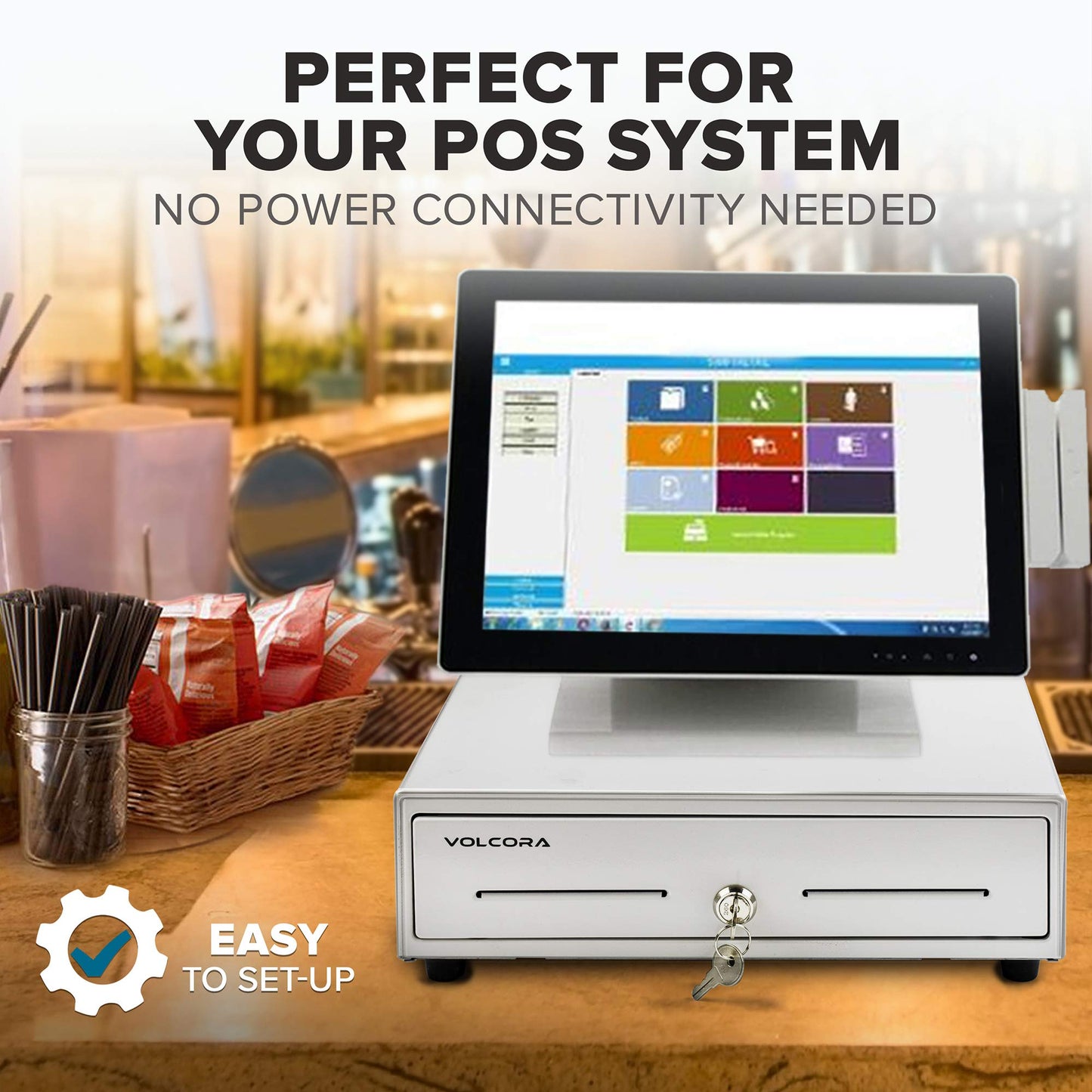 Volcora 13" Manual Push Open Cash Register Drawer for Point of Sale (POS) System, White Heavy Duty Till with 4 Bills and 5 Coin Slots, Key Lock with Removable Coin Tray and Double Media Slots