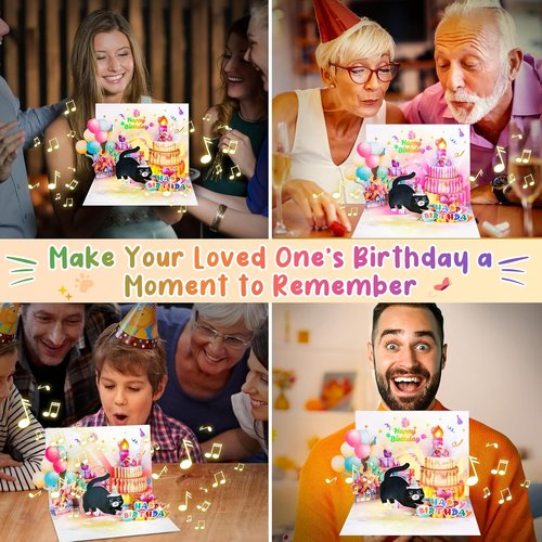 FITMITE Cute Cat Birthday Card - Music, Lights & Blowable Candle | Funny Pop-Up Design for Cat Lovers