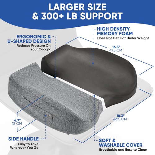 EVERREST Seat Cushion for Office Chair Plus Size - Firm Extra Wide Large Memory Foam Pillow for Tailbone, Coccyx, Sciatica, Back Pain Relief – Thick Pad for Long Hours Sitting, Gaming