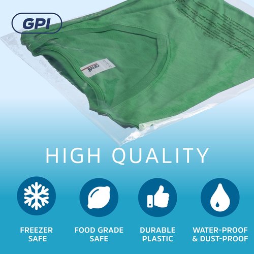 GPI - Pack of 500 12" X 15" Clear Self Seal Poly Bags, 1.5 Mil - Resealable Polybags with Adhesive Strip & Suffocation Warning for Packaging T Shirts Clothing. Perfect for Shipping Supplies with FBA