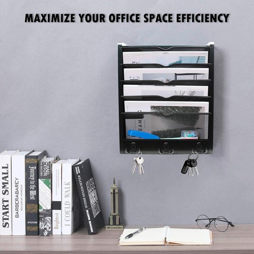 YINGXUN Multi Use Hanging Wall Files and Mail Organizer with Hooks (Black)