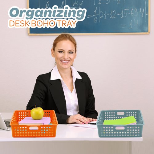 4E's Novelty 6 Pack Classroom Paper Baskets, Organizing Desk Boho Tray for A4 Papers, Classroom Storage Plastic Paper Bins, Fun Turn In Trays for Teachers and Students, Office Desk Room Trays