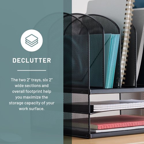 Safco Onyx Desk Organizer, 6 Vertical Compartments and 2 Trays, Office and Classroom Mailbox , Paper and Mail Sorter, Steel Mesh, Black