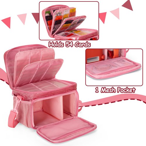LoDrid Travel Carrying Case Compatible with Yoto Player Bluetooth Speaker, Audio Card Holder Holds up to 54 Cards with Shoulder Strap, Pink, Bag Only