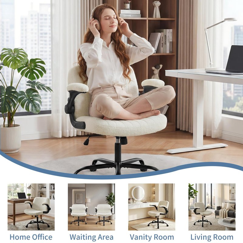 DUMOS Criss Cross Home Office Chair with Wheels, Wide Cross Legged Desk Vanity Chair Comfy Fabric Flip-Up Armrests Adjustable Swivel Chairs for Home Computer Bedroom, Beige