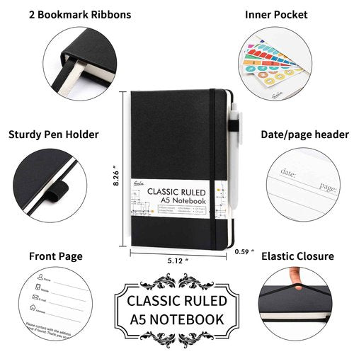 feela 8 Pack Journal Notebook Bulk for School, Hardcover Business Notebooks Classic Ruled Lined Journals with Pen Holder for Work Note Taking, with 8 Black Pens, 120 GSM, 5.1”x8.3”, A5, Black