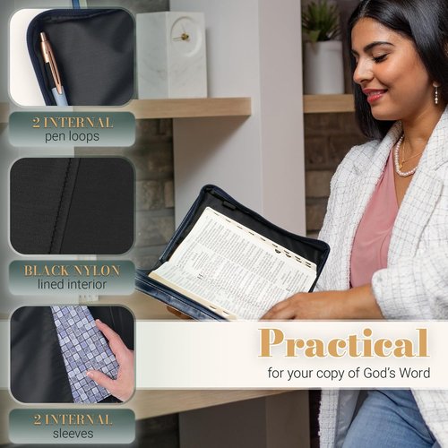 Christian Art Gifts Vegan Leather Bible Cover - Inspirational "Be Still & Know" Design, Large, Creamy White & Blue Floral