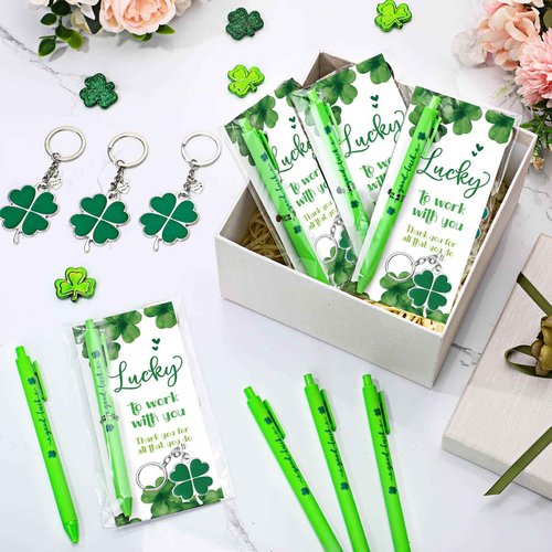 Fullhawl 48 Sets St Patrick's Day Gifts for Employee Good Luck Ballpoint Pens Shamrock Ballpoint Pens Four Leaf Clover Keychains with Thank You Cards for Team Staff Teacher Coworker