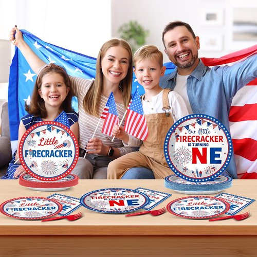 Little Firecracker 96-Piece First Birthday Party Tableware Set - Plates & Napkins for 24 Guests | 4th of July Independence Day Decorations