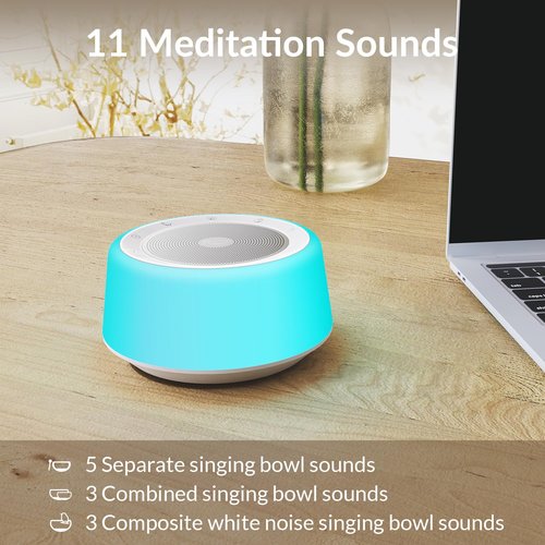 Kipcush Tibetan Singing Bowls Sound Machine - 11 Different Sized Sound Bowls with Night Light for Yoga, Meditation, Mindfulness, Healing, Chakra Healing and Stress Relief, Timer, Plug in