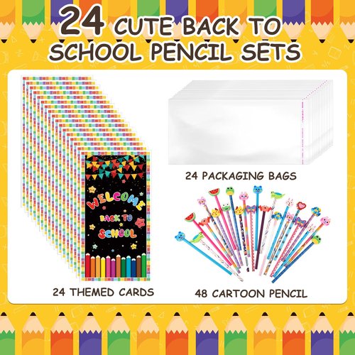 Back to School Supplies Gifts for Students, 48 Pcs Welcome Back to School Pencils with Cartoon Animal Pencil Erasers Toppers, 24 Pcs Cards, 24 Pcs Clear Bags Backk to Schol Stuff First Day of Sch