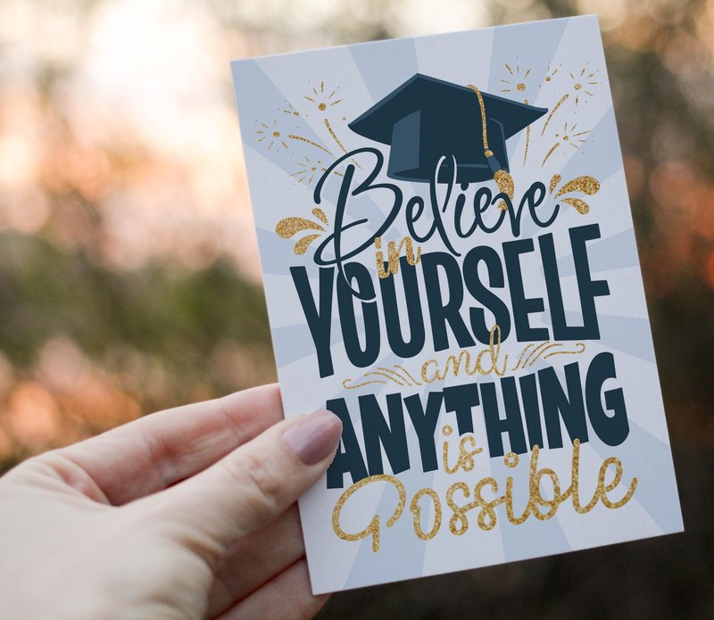 Graduation Card – Inspirational Believe in Yourself Design Gold Glitter – 5x7 Folded Greeting Card with Red Envelope – Motivational Congrats Gift for High School, College, Nursing, Kindergarten, Middle School Grad