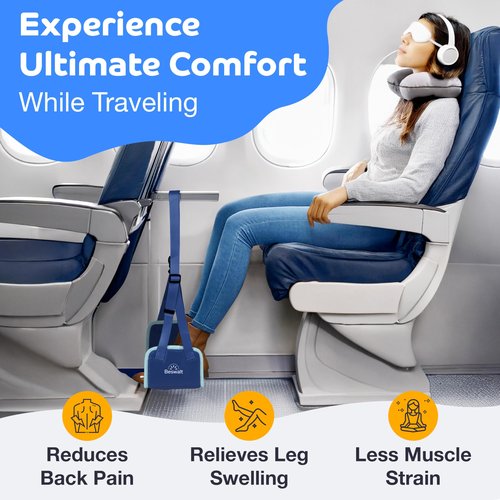Portable Airplane Foot Hammock for Plane Travel with Memory Foam & Hardboard for No Feet or Leg Clashing - Long Flight Air Travel Essentials to Relax Feet Rest Flying Overseas by Beswalt (Navy Blue)