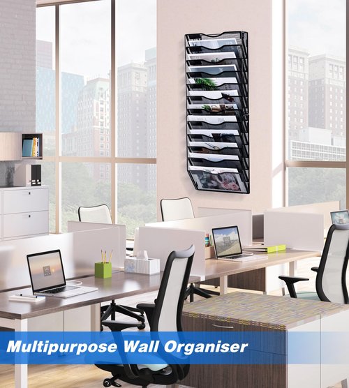 Solinxe Wall File Holder, 12 Pockets Hanging File Folder, Paper Organizer Storage, Document Rack, Mail Holder, Magazine Rack, Wall Organizer for Office, Black