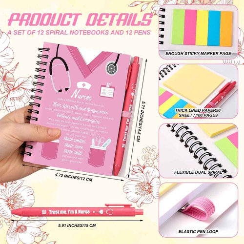 Resurhang 12 Sets 2025 Nurse Appreciation Gift Thank You Gifts Includes Small Pocket Inspirational Spiral Notebook with Ink Pens and Sticky Notepads Bulk for Assistants Medical Staff Coworker(Nurse)
