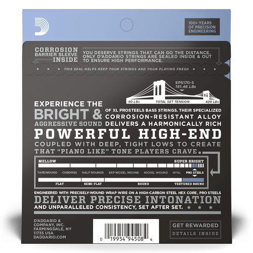 D'Addario XL ProSteels Bass Guitar Strings - EPS170-5 - 5 String - Long Scale - Regular Light, 45-130