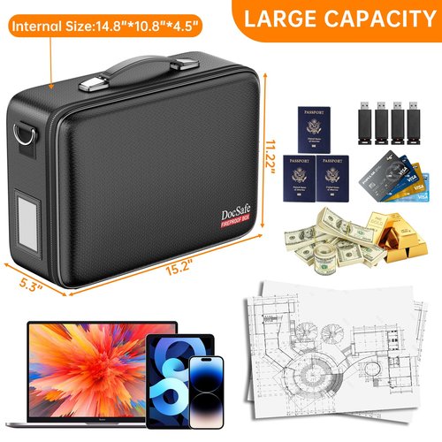 DocSafe Fireproof Document Box with Lock, Hard Case File Organizer with Accordion File Folder, Fireproof Water Resistant Safe Box Home Office Travel Storage for Important Documents Laptop Black