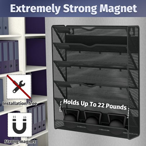 Ounyoizs 6-Tier Magnetic File Holder, Large Capacity File Cabinet Organizer, No-Drill Mount Hanging Magnetic Paper Holder for File Cabinets, Office, Whiteboard, Magnetic Mail Holder, Black