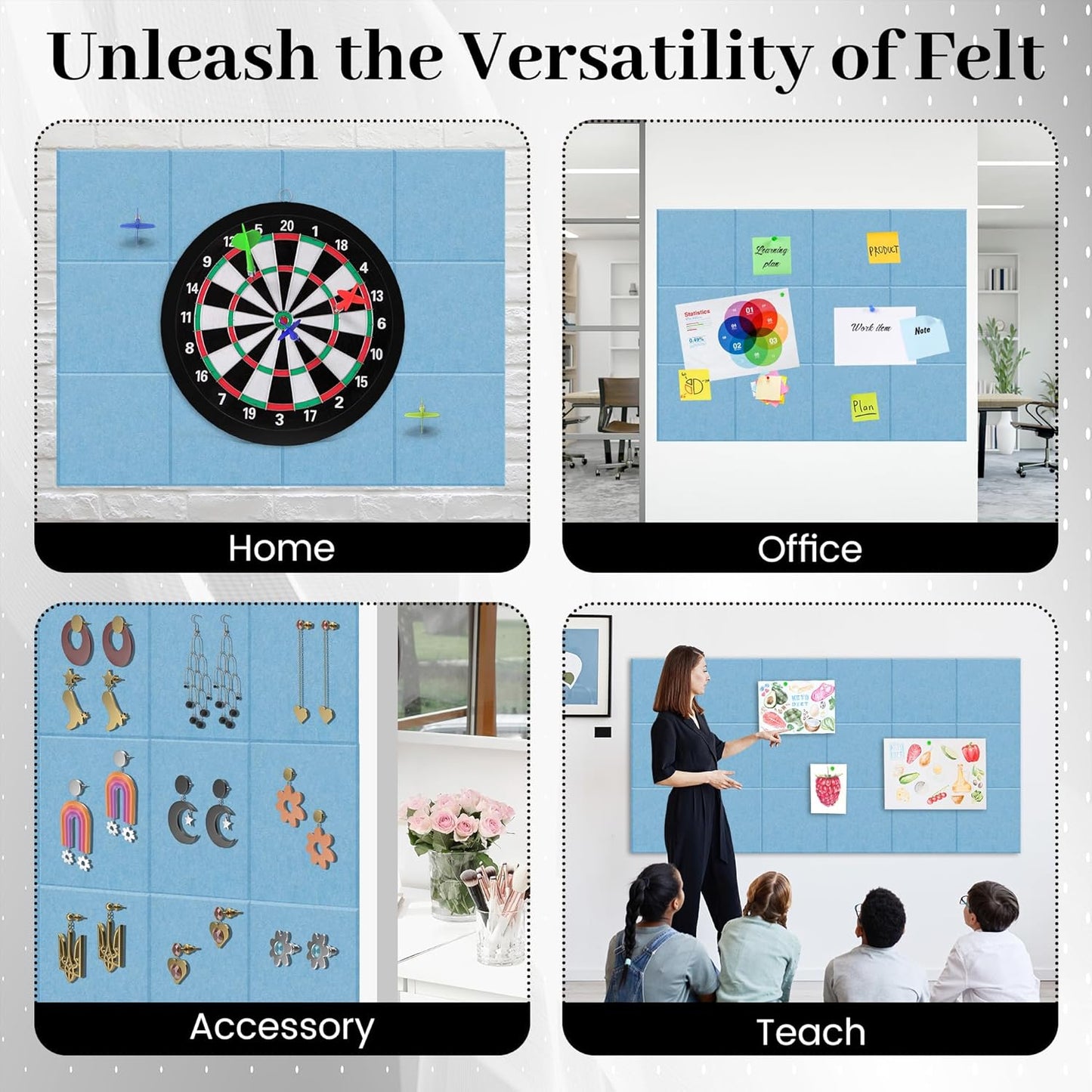 Skiennix Large Blue Felt Bulletin Board Tiles - 12-Pack Wall Organizer for Office Decor