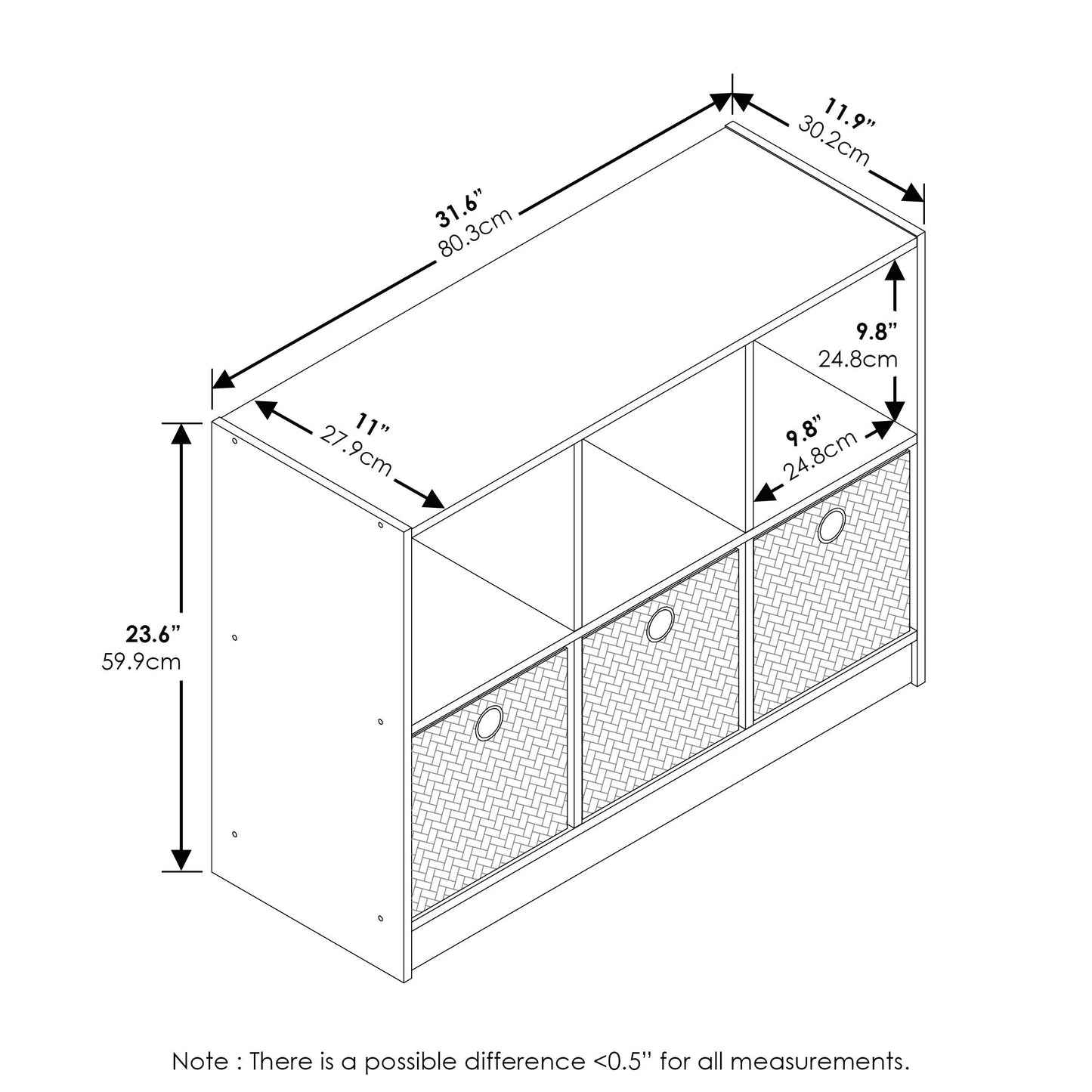 Furinno BASIC Book Shelf, 6-Cube Bookshelf with Open Shelf, 3 x 2 Bookcase with Storage Bins, Closed Back, Horizontal, 11.9 x 31.6 x 23.6, for Living Room, Bedroom, Home Office, Americano