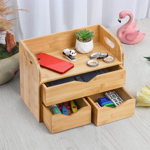 Hacaroa 3 Tier Bamboo Desktop Organizer with 3 Drawers, Mini Tabletop Craft Box Cosmetic Storage Drawer with Handle, Portable Desk Letter Mail Sorter for Office Supply, Toiletries