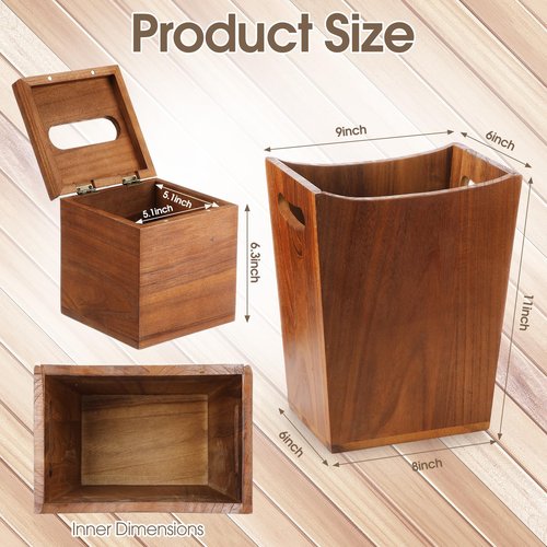 Reallnaive 2 Pcs Trash Can Wastebaskets and Tissue Box Set Rectangular Trash Basket Garbage Can for Bathroom, Living Room, Office, Kitchen (Brown)