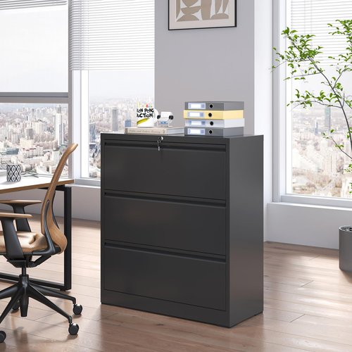 BIZOEIRON 3 Drawer Lateral File Cabinet with Lock, Metal Filing Cabinets for Home Office, Steel Storage Wide File Cabinet for Letter/Legal/F4/A4 Size with Hanging Bars, Assembly Required (Black)