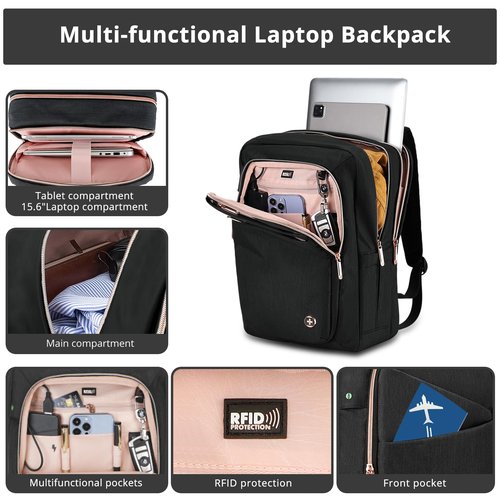 Swissdigital Design Business Laptop Backpack For Women,With USB Charging Port Computer Work Backpack,Fits 15.6 Inch Laptop Travel Casual Backpack,Black | KATY ROSE
