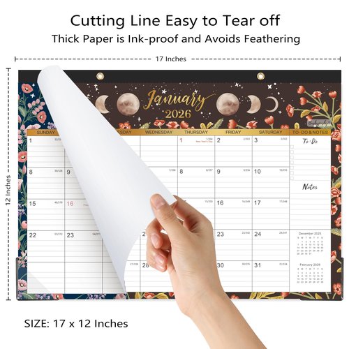 2026 Desk Calendar - 12 Monthly Desk/Wall Calendar, Jan 2026 - Dec 2026, Desk Calendar 2026, 16.8" x 12", Thick Paper with Corner Protectors, Large Ruled Blocks - The Moon
