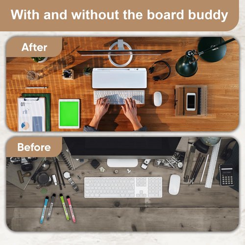 Piu home Desktop whiteboard - Glass Desk Dry Erase board with storage- Desk buddy memo board for computer monitor- EXTRA STICKERS Weekly Organizer and Ruler- work from home and office