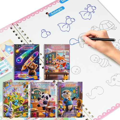 Magic Grooved Writing Practice Books,Reusable Handwriting Workbook for Kids Ages 3+, Preschool Writing Copybook for Letter Formation,Calligraphy & Tracing Practice( 5 Books with Pens)