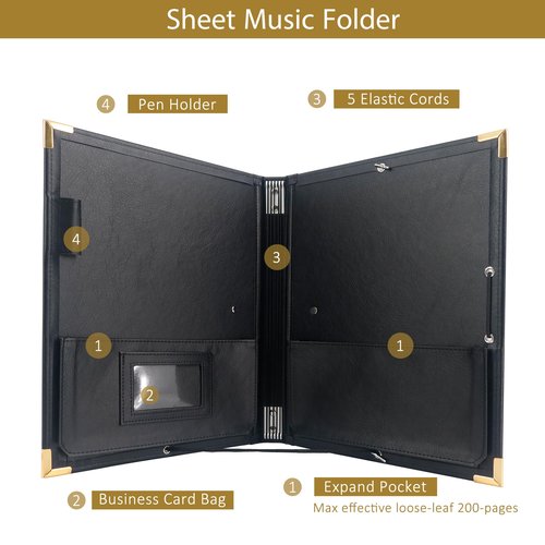 GraduatePro Elastic Music Sheet Holder 9.5" x 12" PU Leather Choir Music Folder with Hand Strap for Piano Particle and Stage Performance