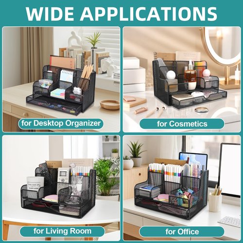 Essovee Black Mesh Desk Organizer Caddy and Accessories with 7 Compartments, Mesh Multifunctional Desktop Accessories Organizers Office Supplies Desktop Organizer for Home, Office