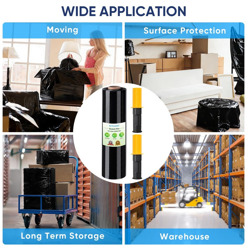 TICONN 1Pk Stretch Wrap Stretch Film Roll, 1000ft Industrial Strength 15 inch Wide Black Plastic Wrap with Handles for Pallet Wrapping Shipping Moving