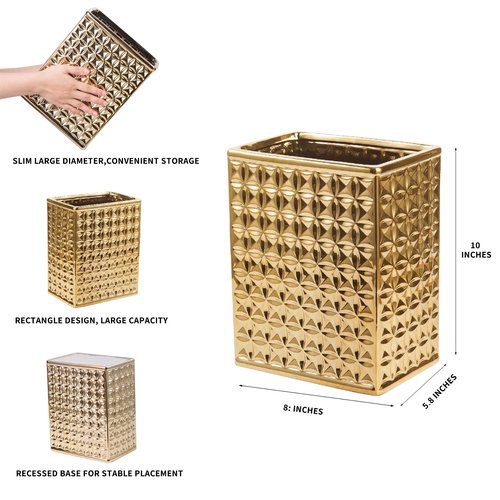 BASDHE Trash Can for Bathroom, Small Office Garbage Can for Kitchen, Slim Rectangular Waste Bin, Ceramic, Gold