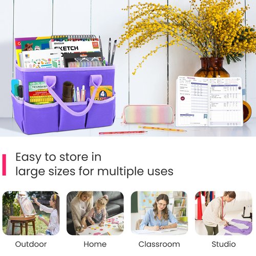 Godery Desktop Tote and Organizer, Teacher Helper Bag for Arts, Books, Stationery, Office Desk Organization, Make-up Storage with Handles for Travel (PURPLE)