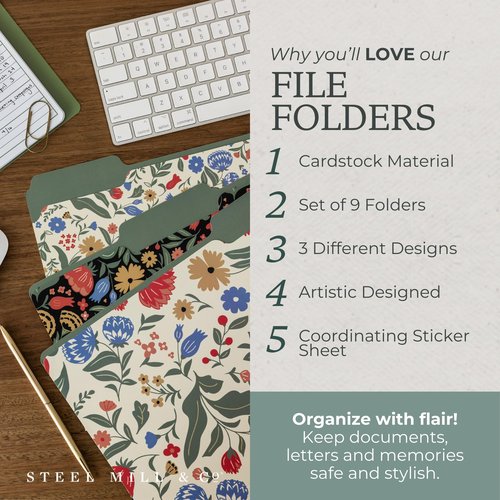 Steel Mill & Co Cute File Folders, Set of 9, Document Organizer for Filing Cabinet, Decorative Letter Size Files, Wanderlust