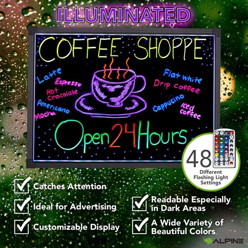 Alpine LED Message Writing Board - 20" X 28" Illuminated Dry Erase Board with 48 Different Flashing Styles & Fluorescent Markers, Perfect for Restaurants, Schools & Retail Stores