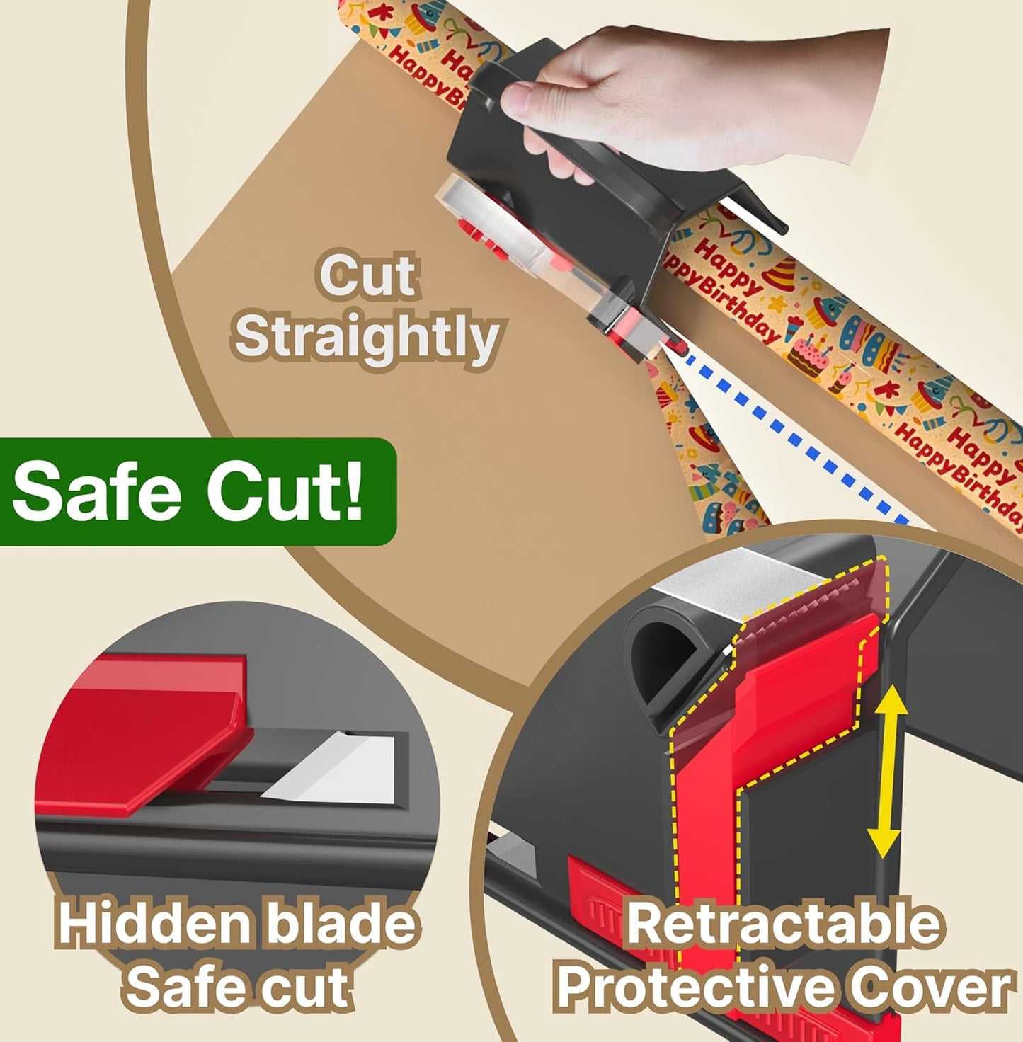 (2-Pack) Wrapping Paper Cutter & Tape Dispenser Dual Use with 4 Tapes,2 Replace Blades Kit for Christmas Gift Wrap Cutter Tool Paper Roll Holder Tube Sliding Slicing for Birthday Holiday.