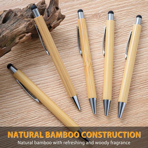 lyforx 250 Pack Bamboo Pens Bulk with Touch Stylus Tip Wooden Bamboo Pens Engraving Wooden Ballpoint Pen Customizable Gift Pen Bulk