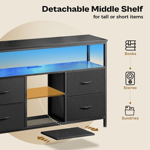 Huuger 47 Inch TV Stand Dresser with Power Outlets and LED Lights, 4 Drawers Entertainment Center with Open Shelf, Media Console for 55 50 Inch TV, Dresser with PU Finish, Black