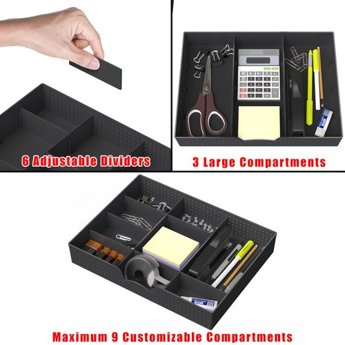 Simple Houseware Drawer Organizer Tray with 9 Adjustable Compartments, 2 Packs, Black