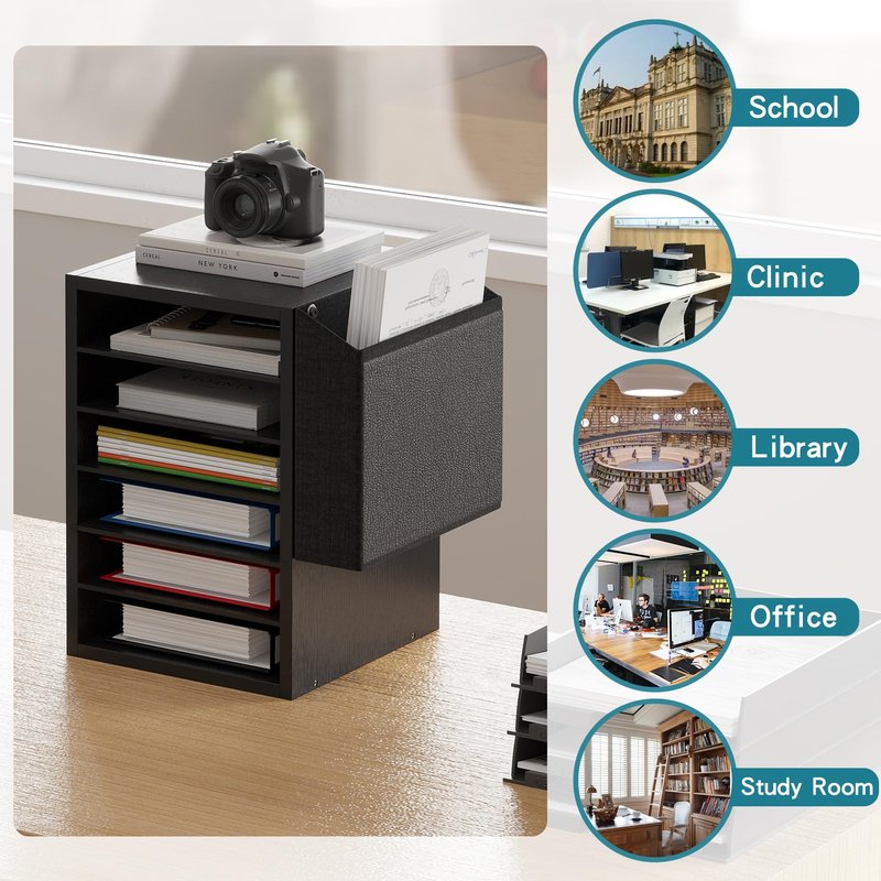 Unionly, Literature Organization Paper Storage Slot, Office Desk File Organizer, Desktop Wood Mailbox For Teacher Classroom, 6 Tier Adjustable Countertop Mail Sorter, Mailboxes With Name Slots, Black