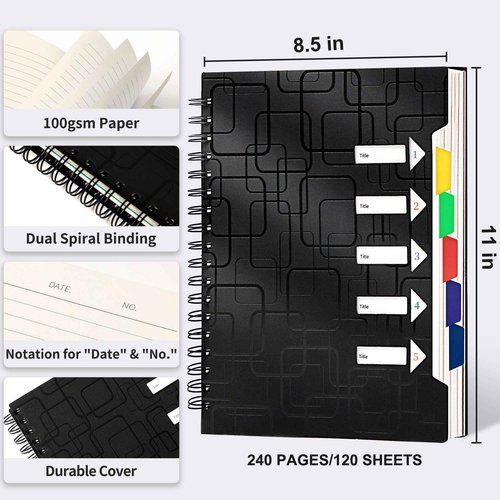 CAGIE 2 Pack Spiral Notebooks College Ruled Total 480 Pages 5 Subject Notebook with Tabs Dividers A4 Notebooks for Work Organization Note Taking School, Black& Blue, 8.5x11