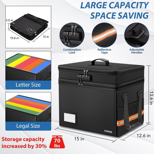 ELOBOON Fireproof Document Box with 13 Pockets Accordian File Organizer, Water-Resistant File Organizer Box with Lock, Collapsible File Storage Cabinet for Hanging Letter/Legal Folder, Black