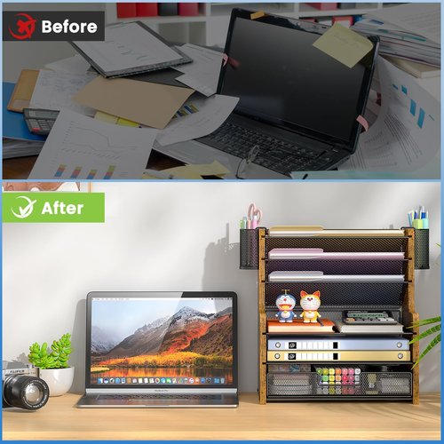 DAOUTIME 6-Tier Mesh Desk Organizer with Drawer, Wooden Office Organizer for Papers, Folders & Office Supplies - Sturdy Desktop File Holder with 2 Pen Holders - Space Saving Home Office Accessories